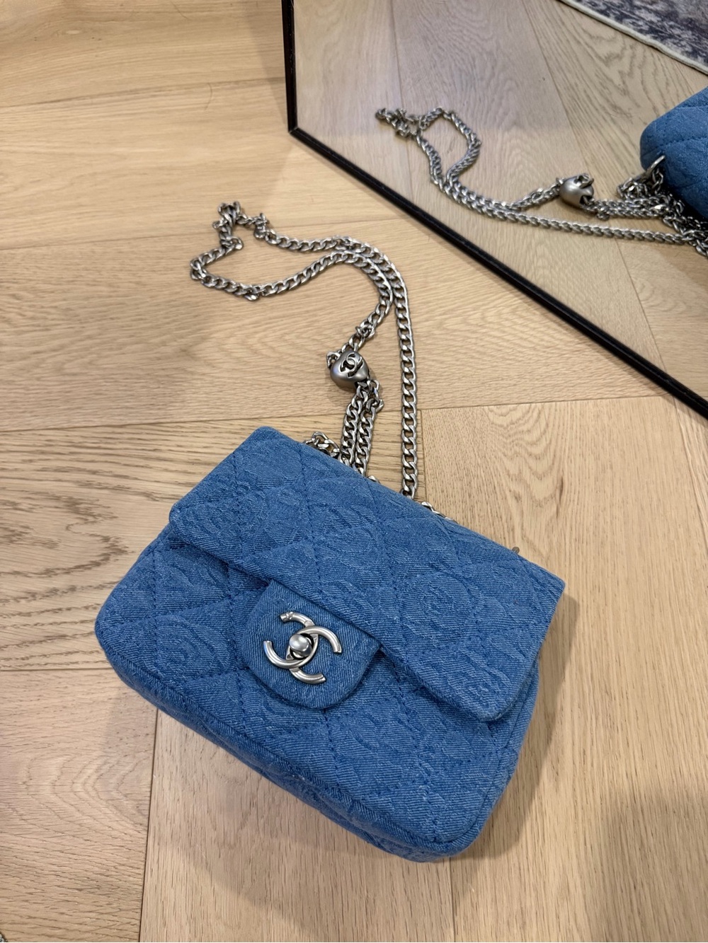 Designer Inspired Blue Quilted Mini Flap Crossbody with Silver Hardware